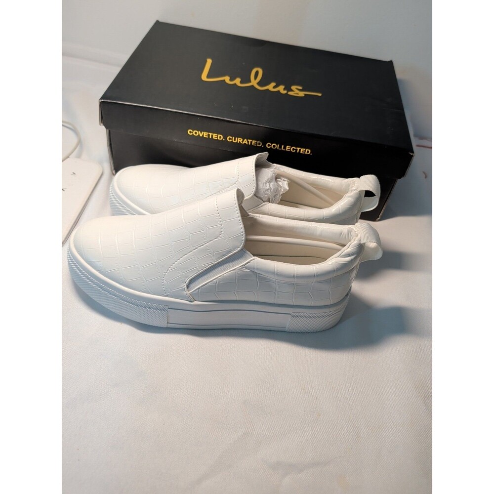 Lulus Cassay Platform Sneaker Women 6 1/2 Crocodile Embossed Slip On Shoe White - Picture 6 of 6